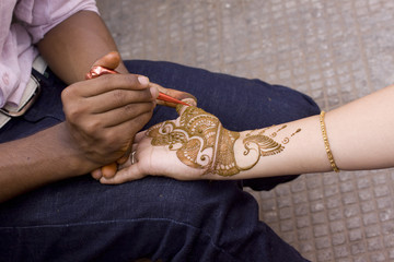 applying henna on hand, wedding ,Rajasthan, India