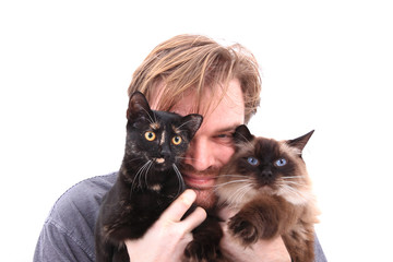 man and two cats