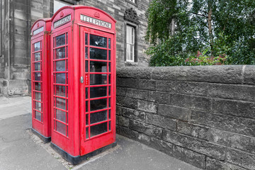 Classic red British telephone box, B&W background