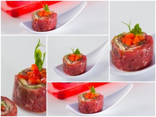 Beef carpaccio with salad leaves and vegetabales. tasty appetize