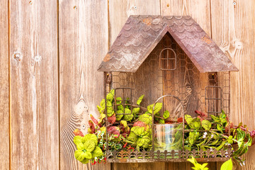 Fototapeta na wymiar Rustic,handmade small house,hanging on the wooden wall
