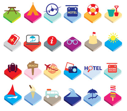 Flat colourful holiday, vacation or beach icons