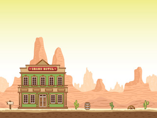 Wild, old west canyon background with hottel