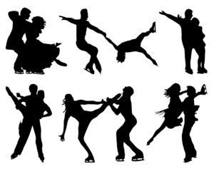 Black silhouettes  of skating couples, vector - obrazy, fototapety, plakaty