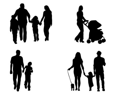 Black silhouettes of family in  walks, vector