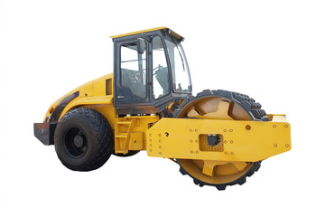 Modern yellow road roller separately