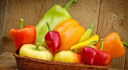 Organic peppers in wicker basket