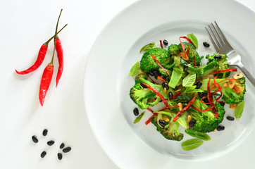 Broccoli stir fry with black beans and thai red peppers