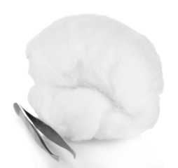 Wadding with tweezers isolated on white