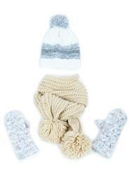 Winter cap, scarf and mittens, isolated on white