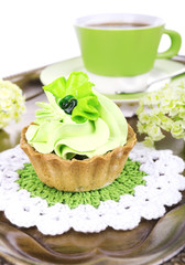 Tasty cake on tray close-up