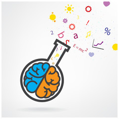 Creative left and right brain sign with the test tube on grey ba