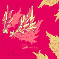 Abstract flower outline. Bright pink invitation in oriental styl