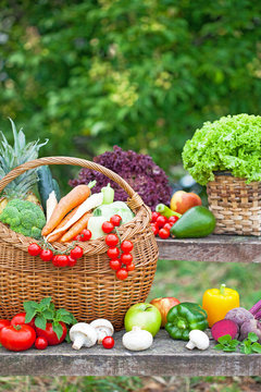Fresh organic vegetables in the wicker basket