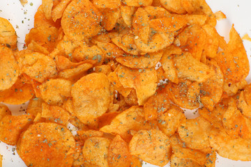 Homemade potato chips, close up