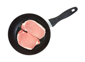 Pork loin steaks in frying pan with oil