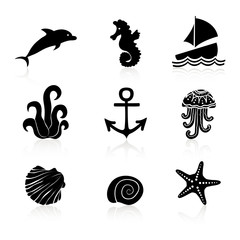 Set of 9 icons Marine life