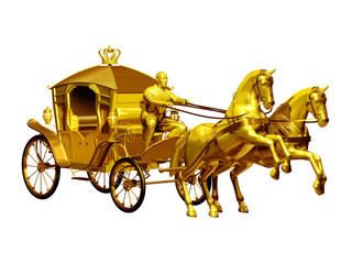 golden carriage with two horses perspective view