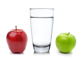Glass of water and apple isolated on white background