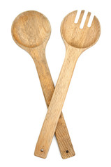 Wood spoons and fork on white background