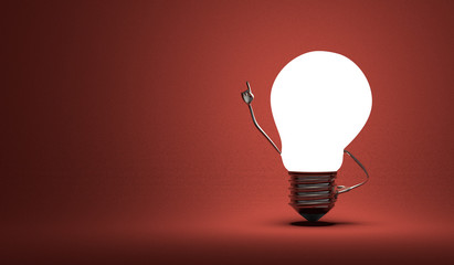 Light bulb character in moment of insight on red