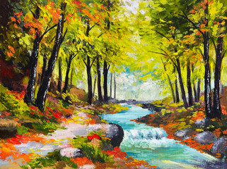 oil painting landscape - river in autumn forest