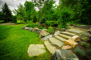 Stone Stairway on a Lush Green Garden Path