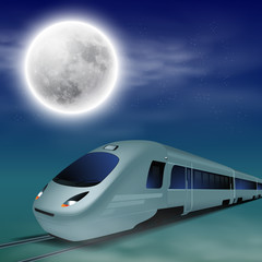Naklejka na ściany i meble High-speed train at night with full moon.
