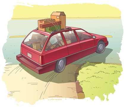 Red Station Wagon with a Cargo