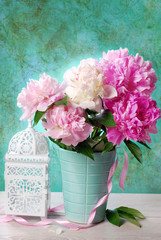 beautiful peony bouquet in vase -vintage style