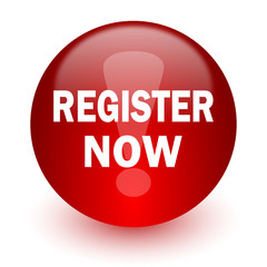 register now red computer icon on white background