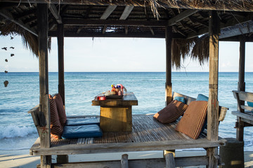 Restaurant on an exotic beach in Gili Meno, Indonesia