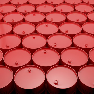 Large group of red  barrels.
