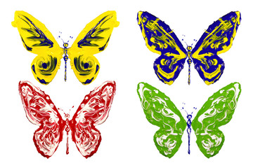 Fototapeta na wymiar Red blue green yellow paint made butterfly set