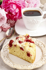 Piece of strawberry cake on ceramic plate