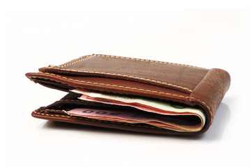 Brown leather wallet  with money isolated on white