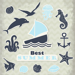 Vector stickers of marine subjects in blue tones