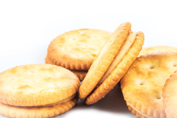 Peanut butter cream and biscuit in white background