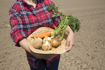 収穫の野菜を持つ女性