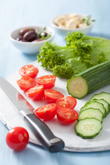 ingredients for salad with tomatoes cucumber olives and feta che