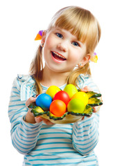 Fototapeta na wymiar sweet little girl with plate of Easter eggs