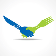 Obraz premium Businessman handshake through restaurant forks stock vector