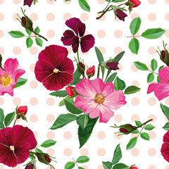 seamless pattern, bouquet of pink roses and purple pansy