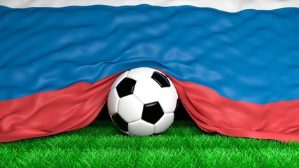 Naklejka premium Soccer ball with Russian flag on football field closeup
