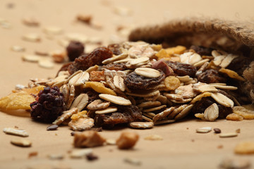 The cereal mix with prunes and raisins in sack for breakfast
