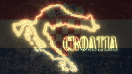shining outline map of croatia on national flag backdrop