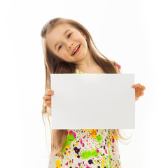 Cute little girl with white sheet of paper.