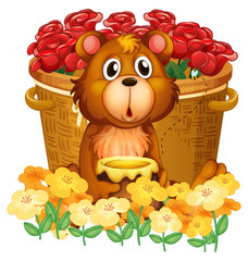 A bear in front of the basket with red roses