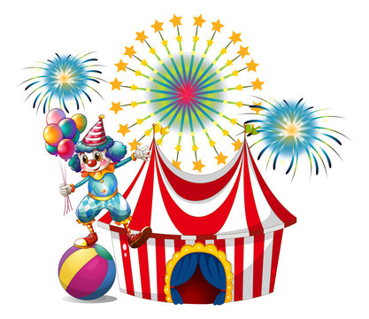 A carnival with a clown holding balloons