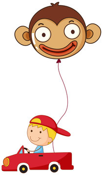 A red car with a boy and a monkey balloon